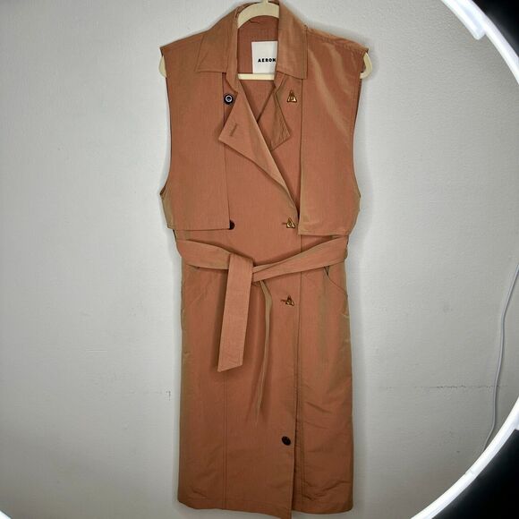 Aeron Delray Dusty Peach Iridescent Sleeveless Button Trench Coat Welt Pockets - Picture 3 of 15